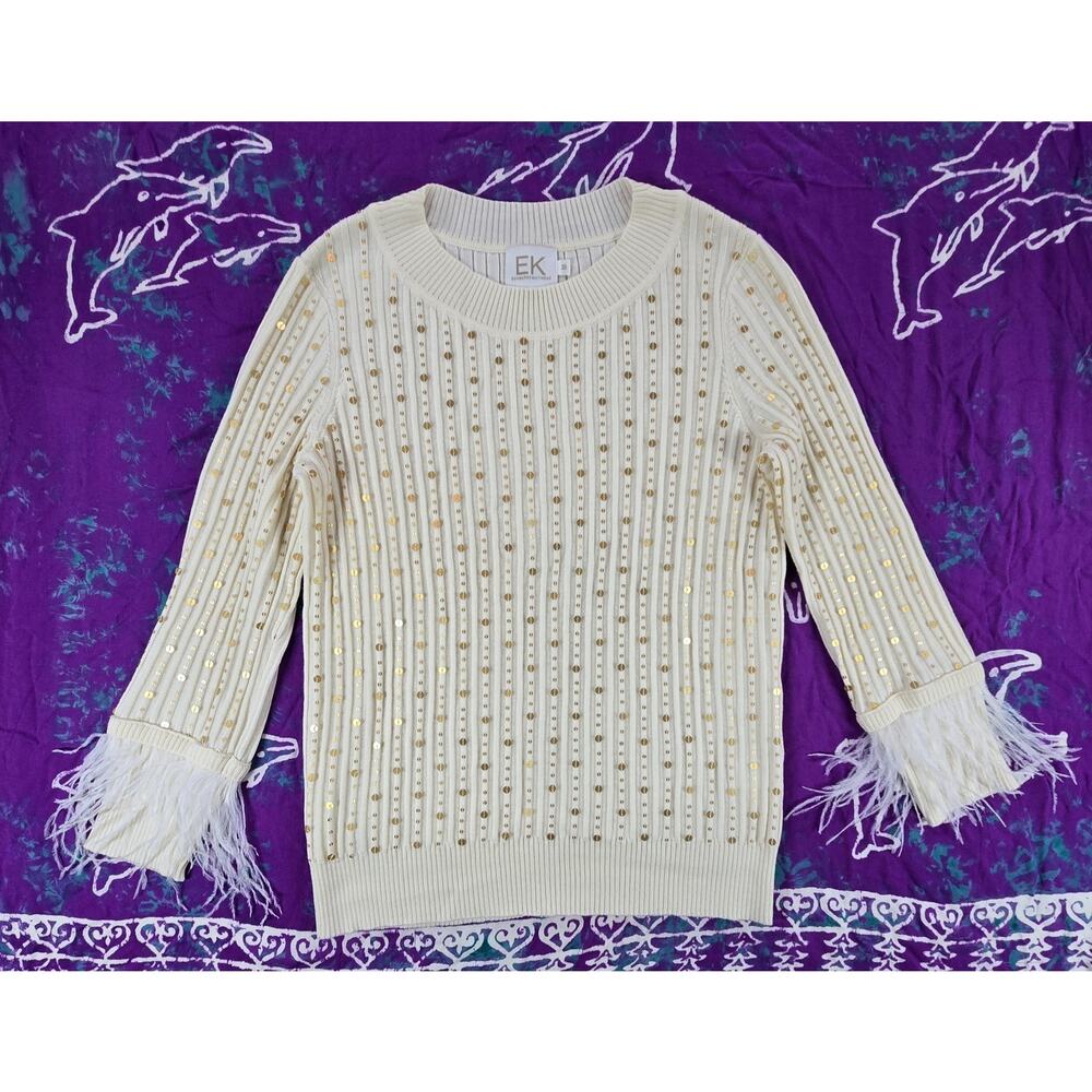 Edinburgh Knitwear Women's 100% Wool Sequin Sweater Feather Fringe Cuff Ivory M